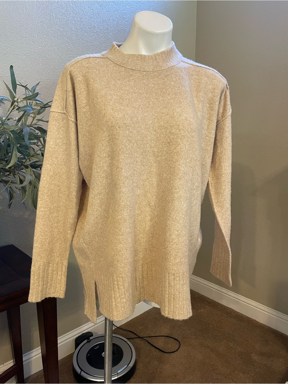 Free People Beige Mock Neck Cozy Oversized Sweater